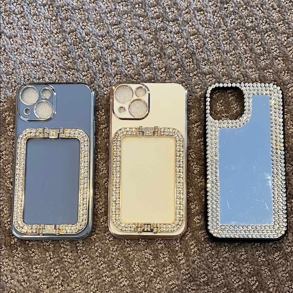 Luxury Rhinestone iPhone 13 mini Case Set - Silver, Cream, Black